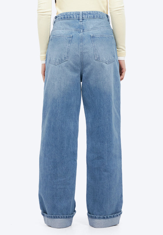 Turn Up Hem Straight Denim Pants