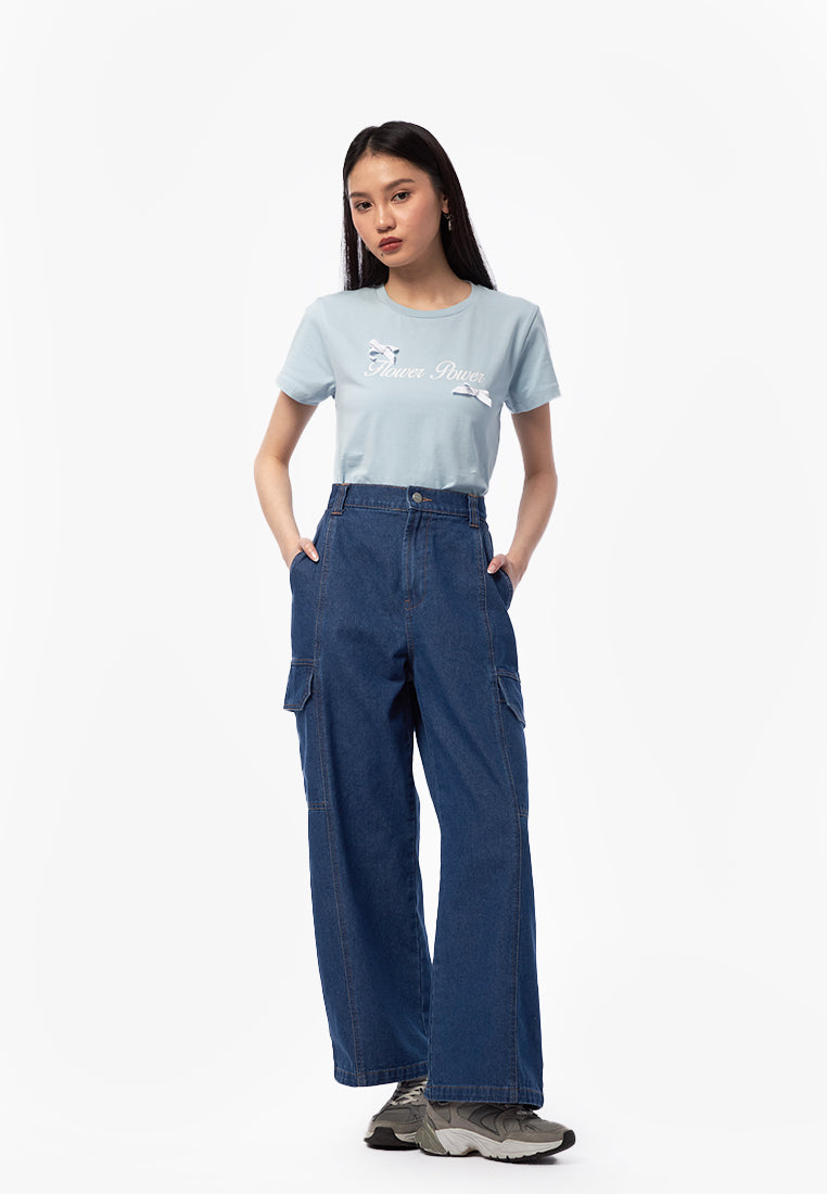 Wide Leg Pocket Denim Pants Med Blue