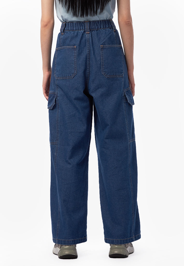Wide Leg Pocket Denim Pants Med Blue