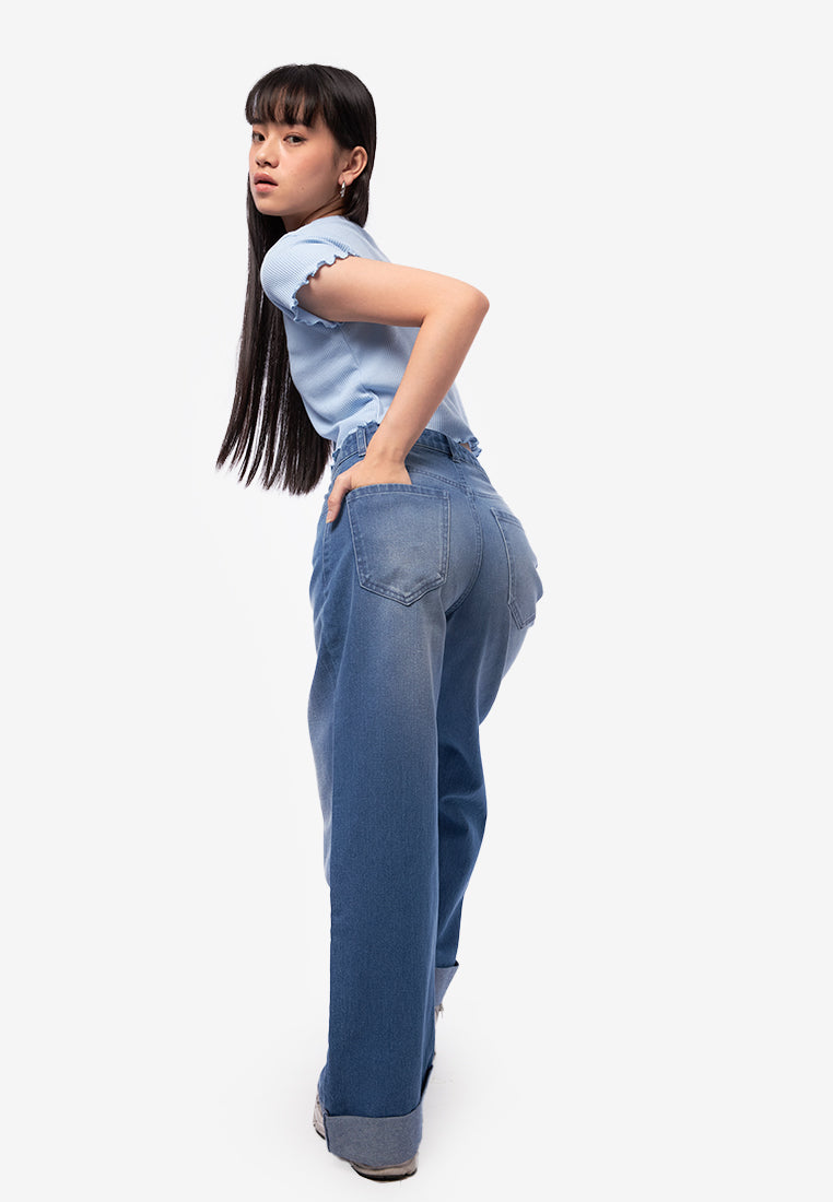 Rolled Up Wide Leg Denim Pants