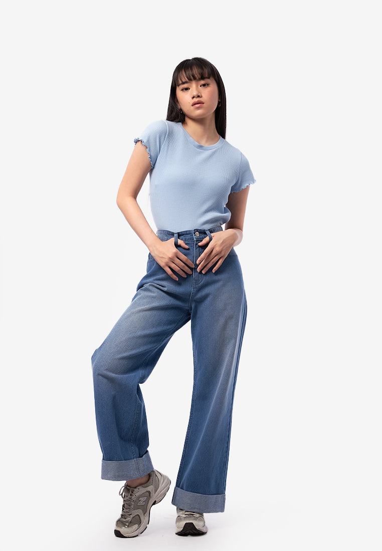 Rolled Up Wide Leg Denim Pants