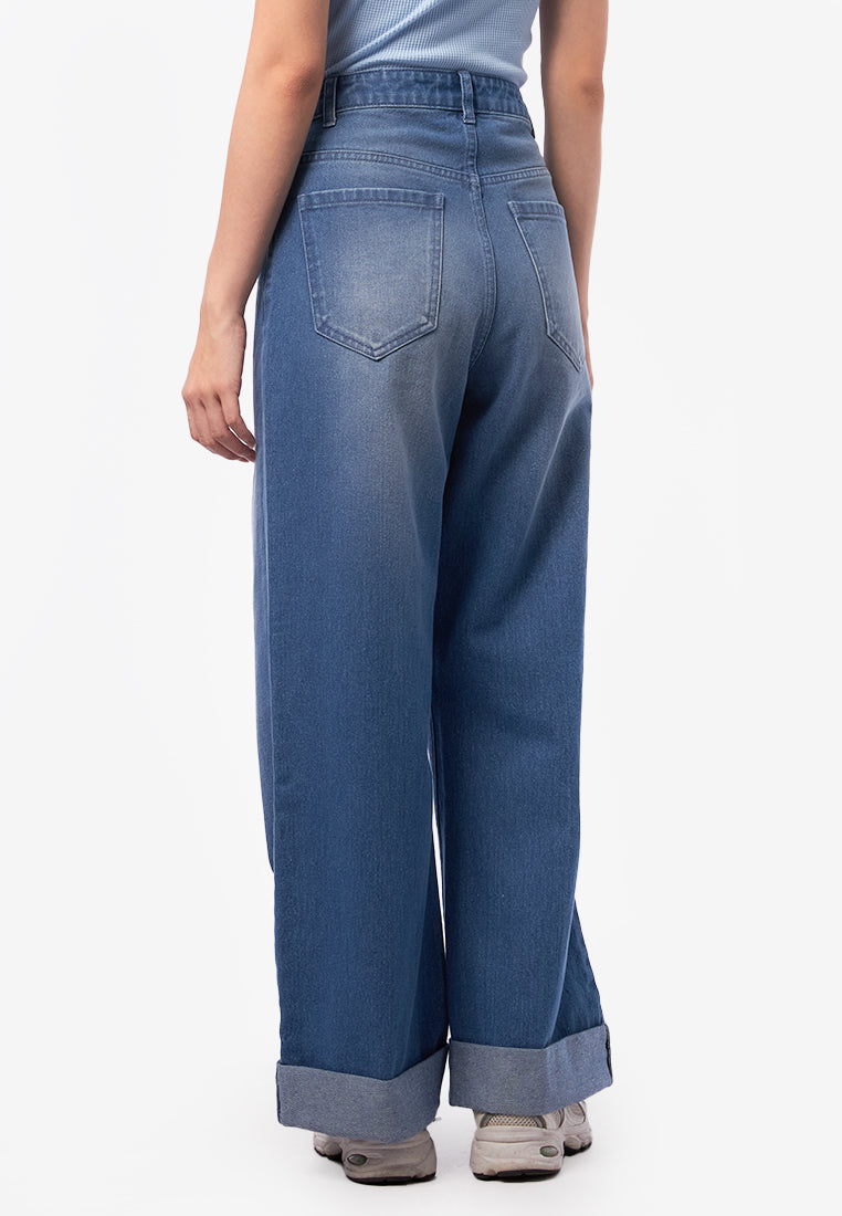 Rolled Up Wide Leg Denim Pants