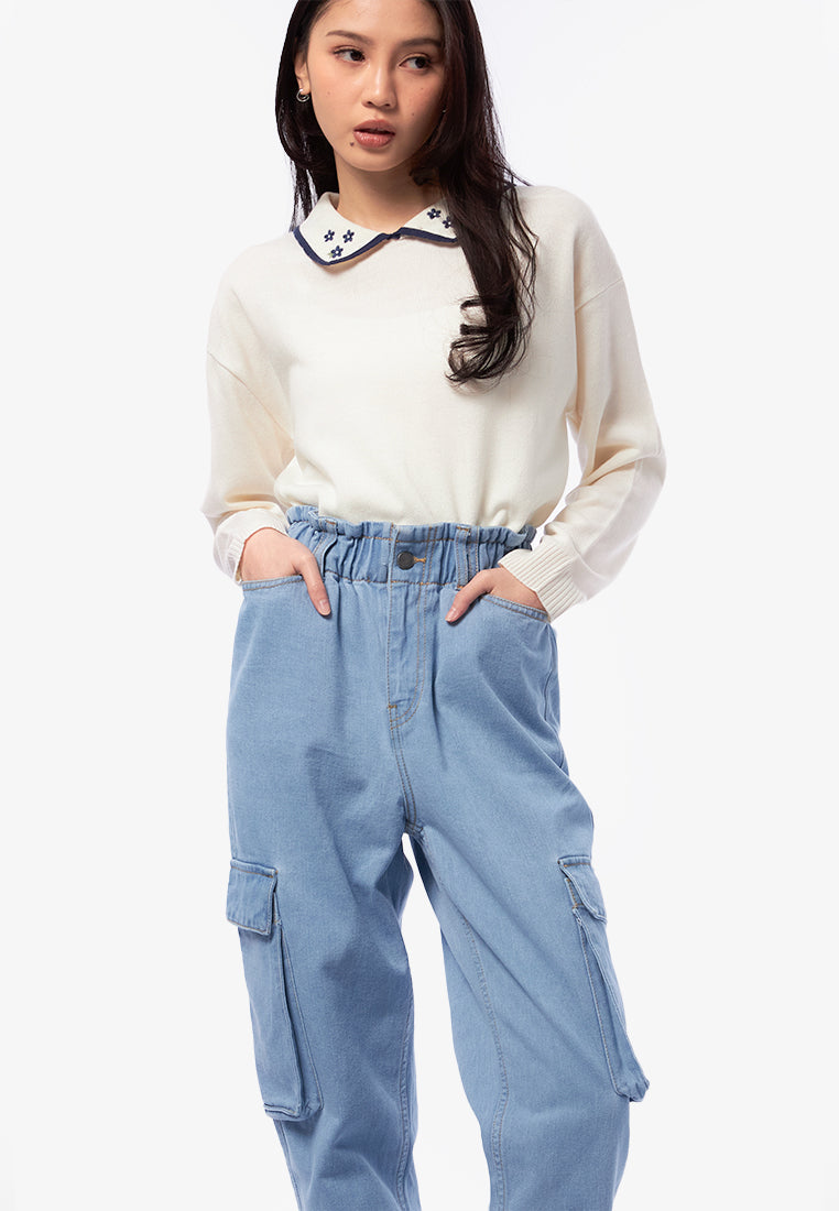Elastic Denim Pants with Cargo Pocket L.Blue