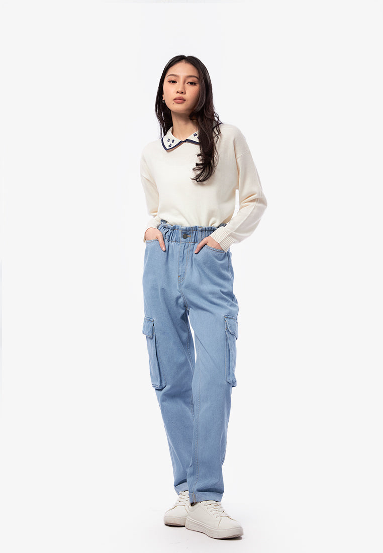 Elastic Denim Pants with Cargo Pocket L.Blue
