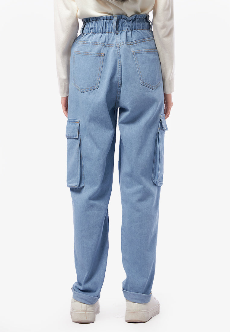 Elastic Denim Pants with Cargo Pocket L.Blue