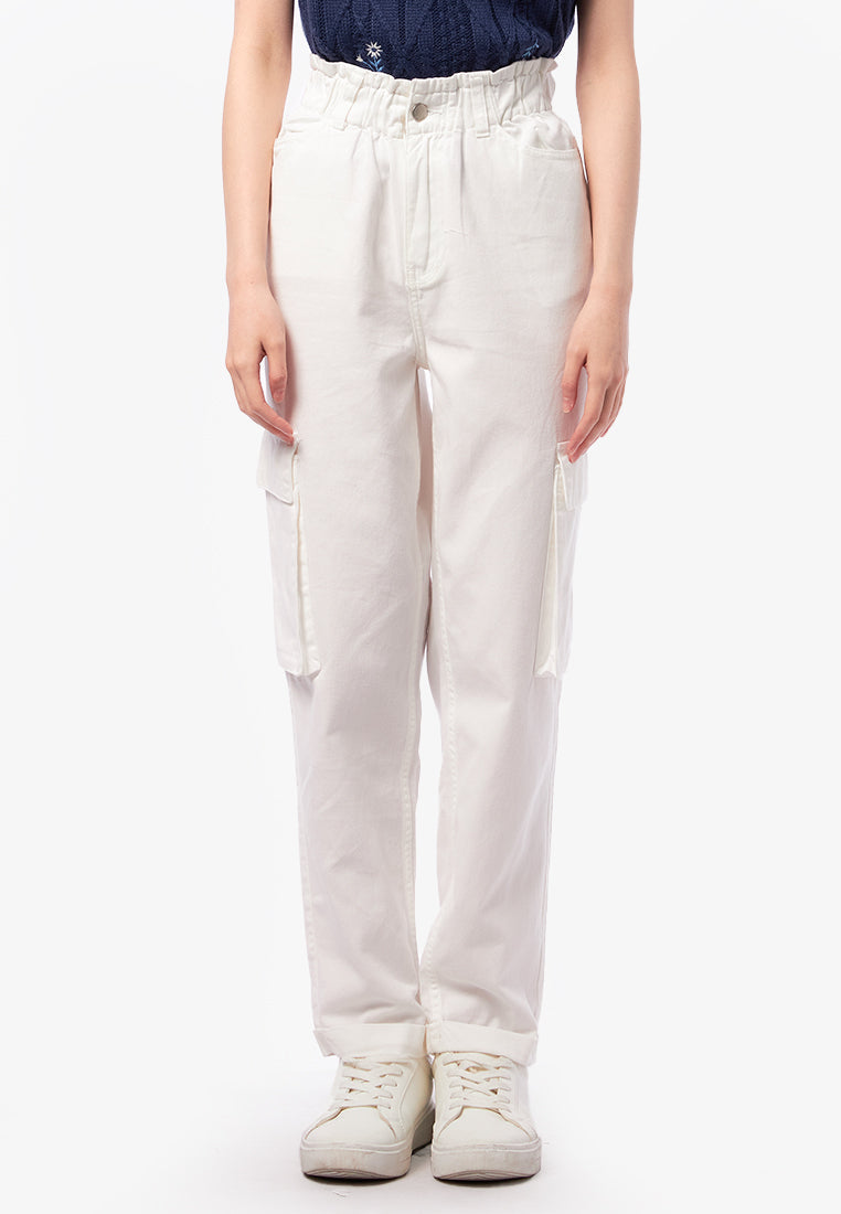 Elastic Denim Pants with Cargo Pocket Off White