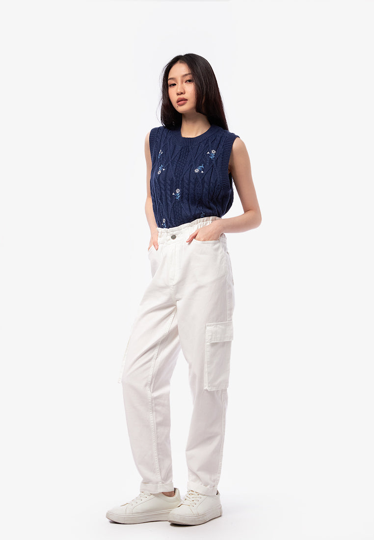 Elastic Denim Pants with Cargo Pocket Off White
