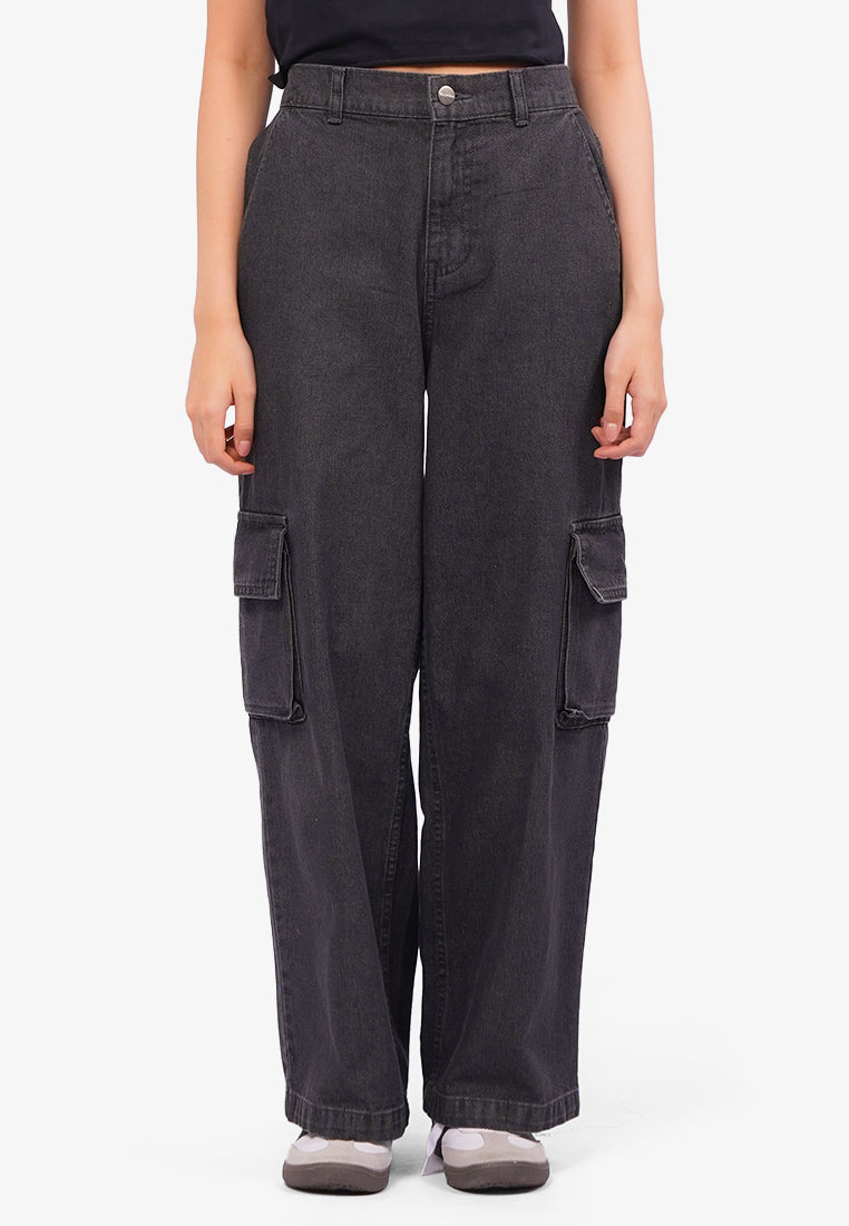 High Waist Denim Cargo Pants Grey