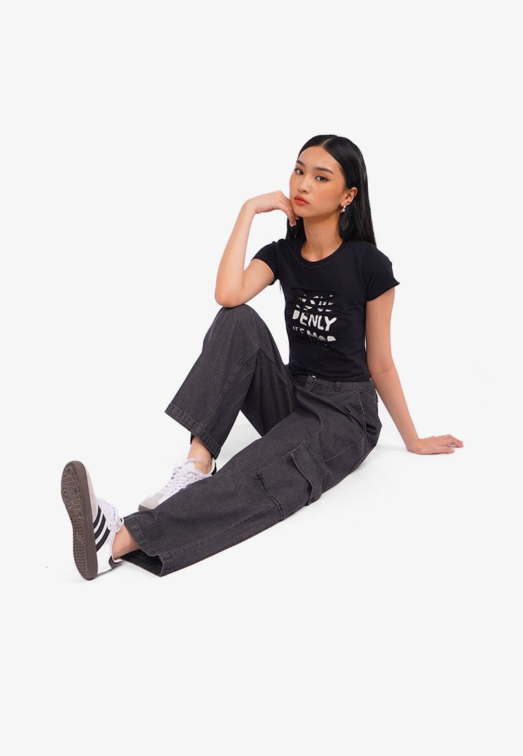 High Waist Denim Cargo Pants Grey