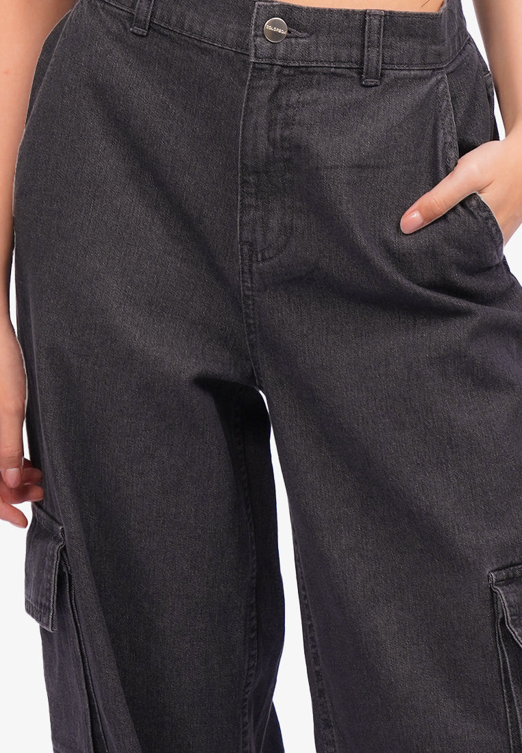 High Waist Denim Cargo Pants Grey
