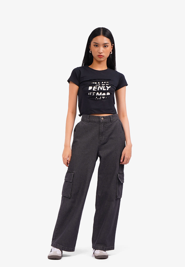 High Waist Denim Cargo Pants Grey