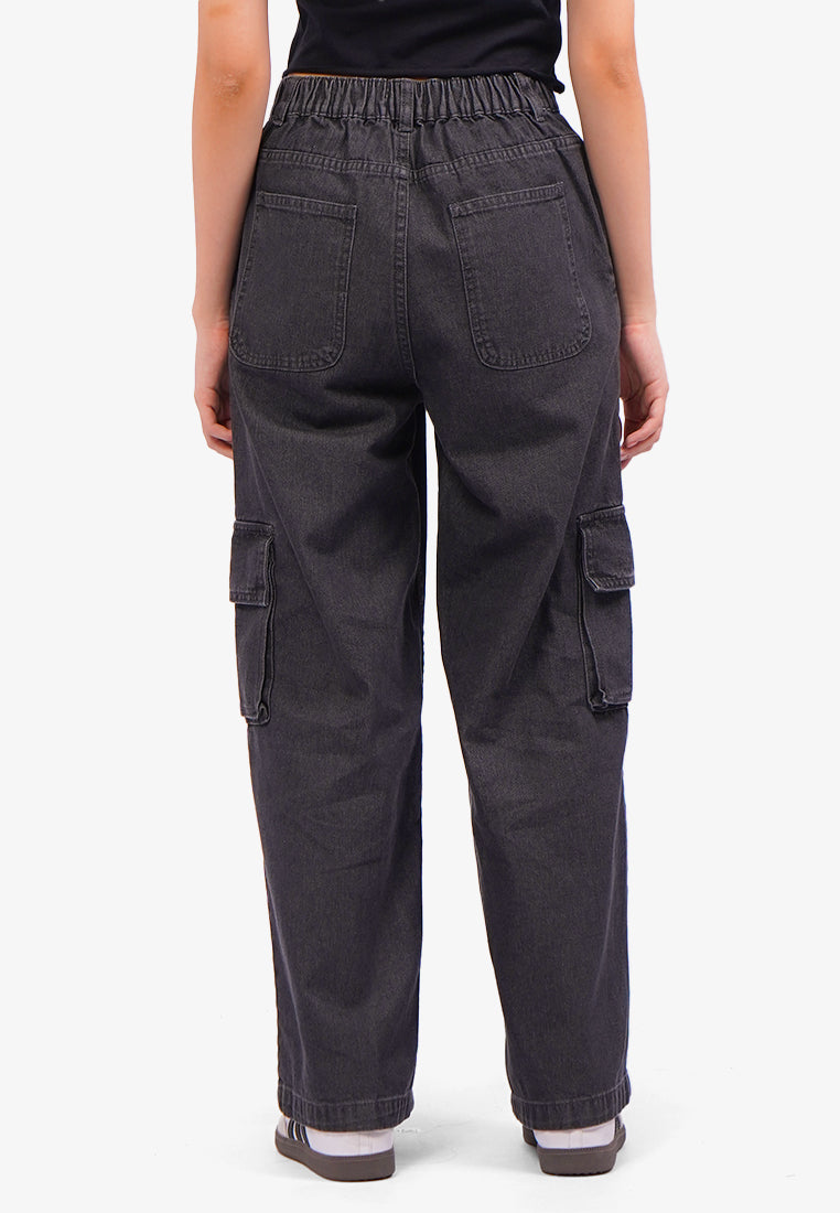 High Waist Denim Cargo Pants Grey