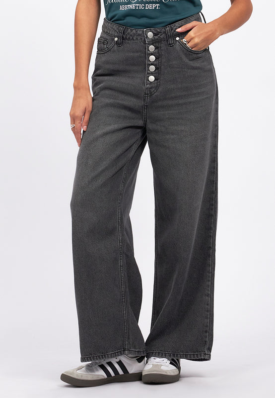 Straight Denim Pants with Button Opening