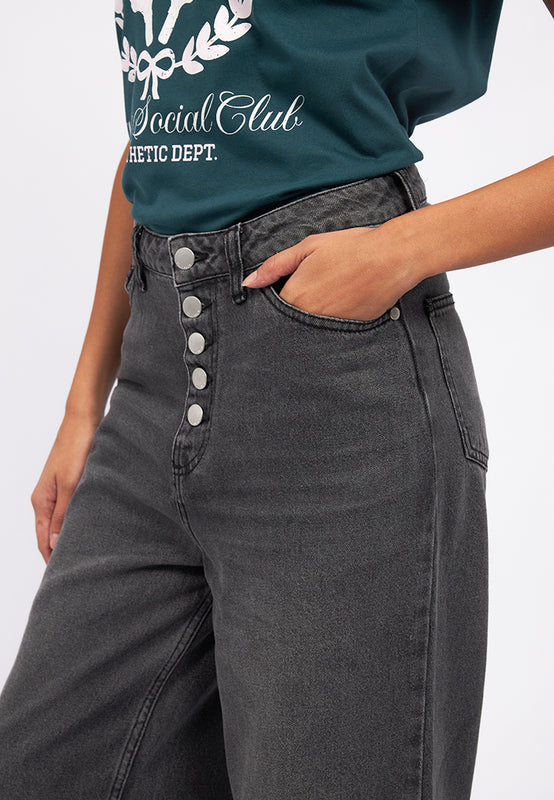 Straight Denim Pants with Button Opening