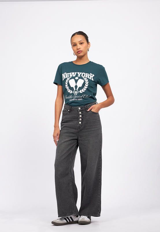 Straight Denim Pants with Button Opening