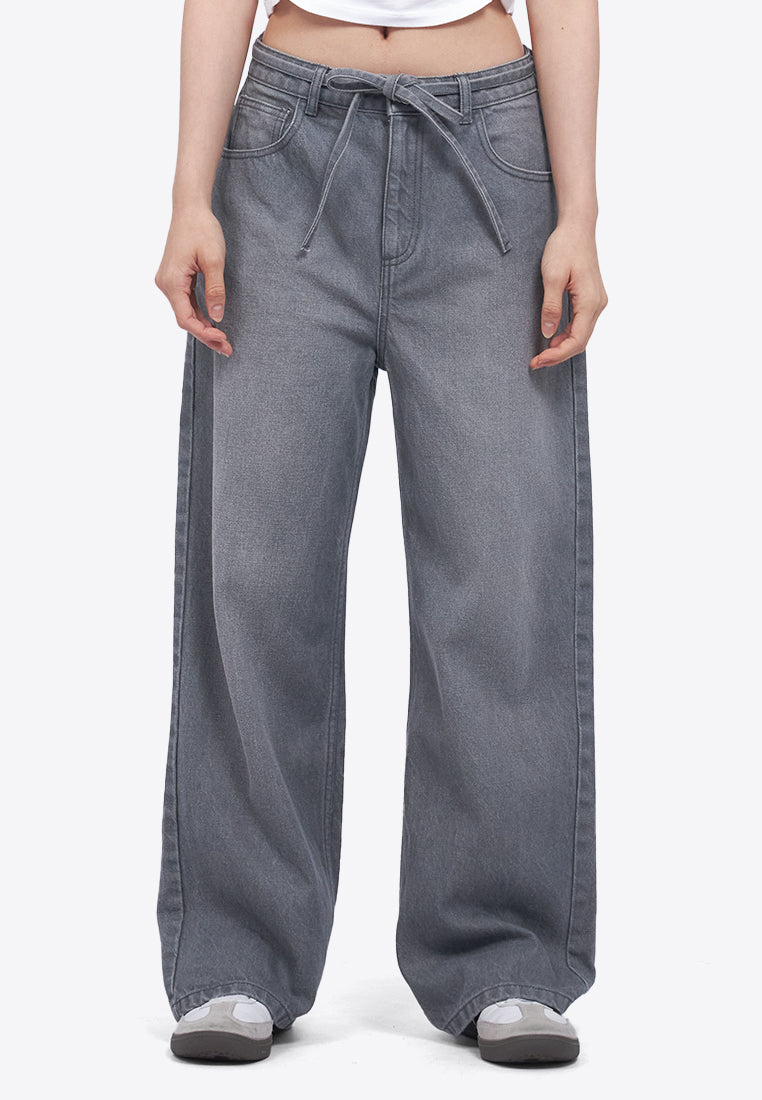 Tied Waist Wide Leg Denim Pants