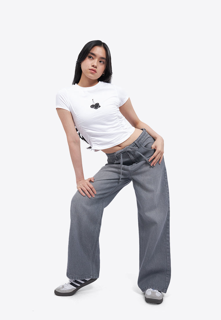 Tied Waist Wide Leg Denim Pants