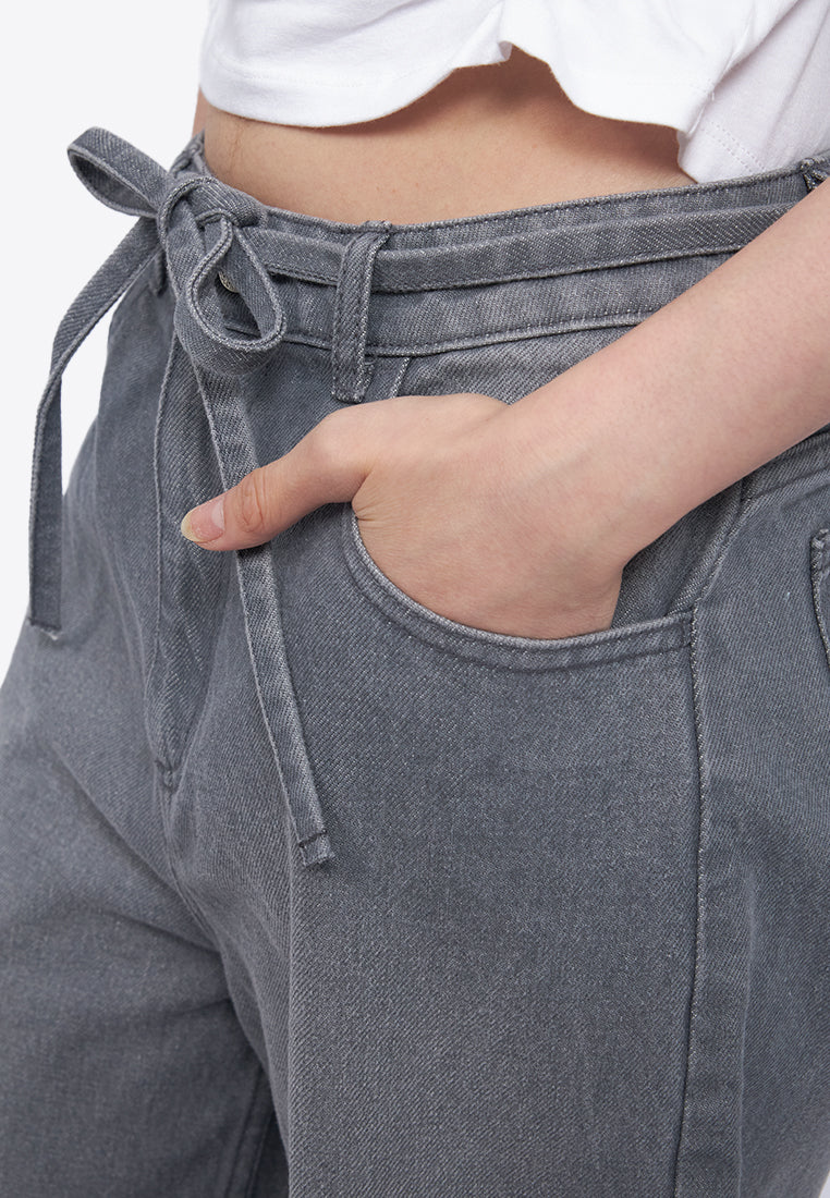 Tied Waist Wide Leg Denim Pants