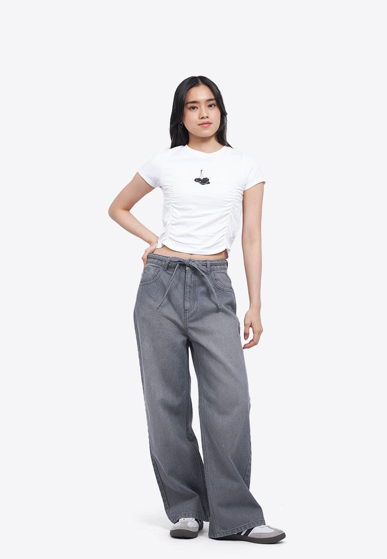 Tied Waist Wide Leg Denim Pants