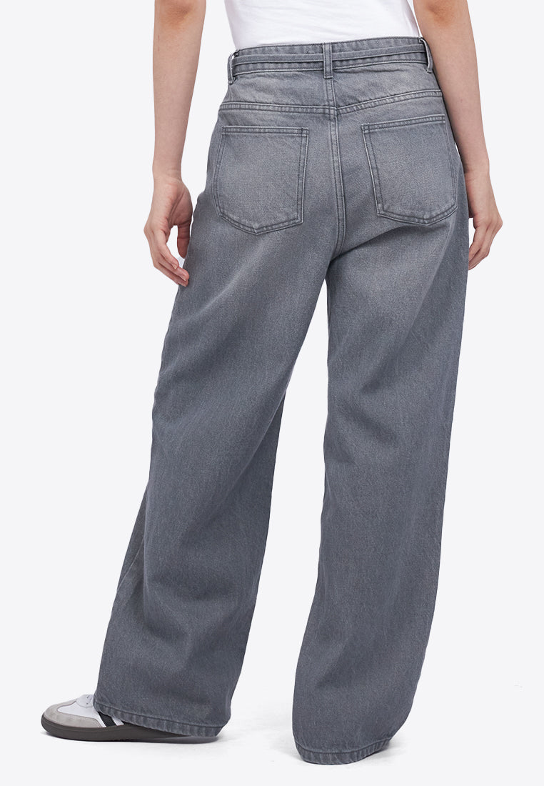 Tied Waist Wide Leg Denim Pants