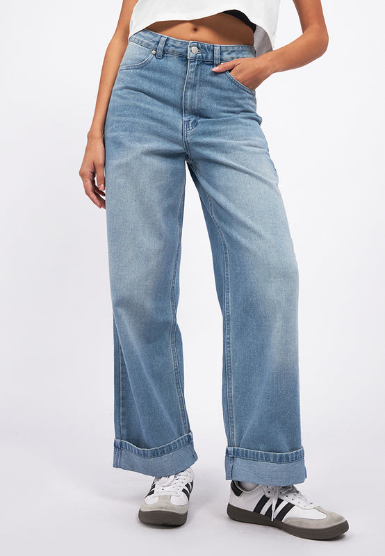 Turn Up Hem Straight Denim Pants
