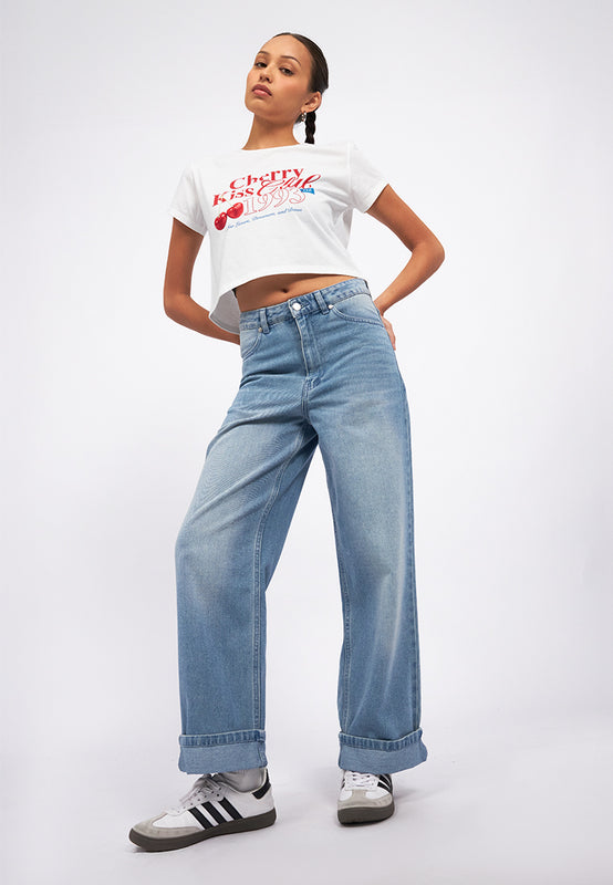 Turn Up Hem Straight Denim Pants
