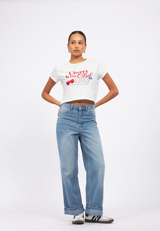 Turn Up Hem Straight Denim Pants