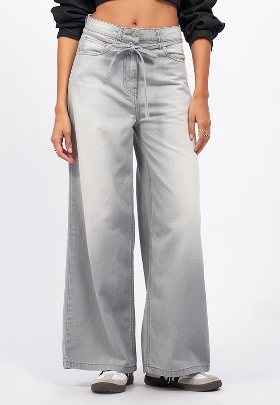 Belted Wide Leg Denim Pants