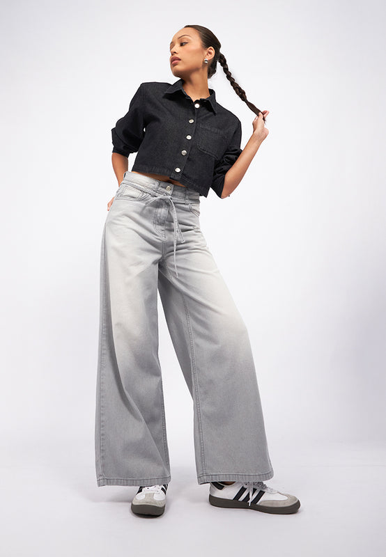 Belted Wide Leg Denim Pants