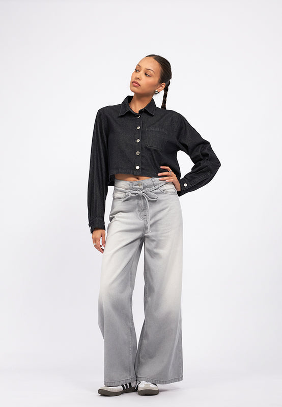 Belted Wide Leg Denim Pants