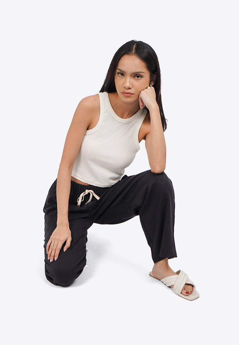 Contrast Drawstring Pajama Bottom Black