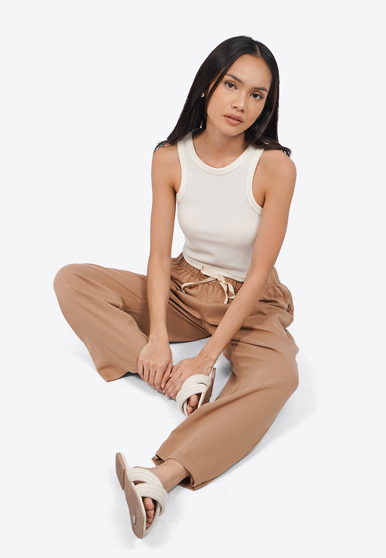 Contrast Drawstring Pajama Bottom Beige