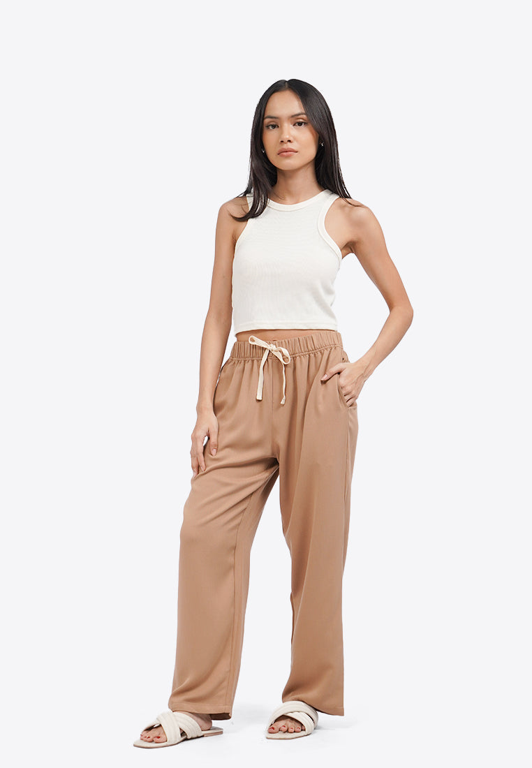 Contrast Drawstring Pajama Bottom Beige