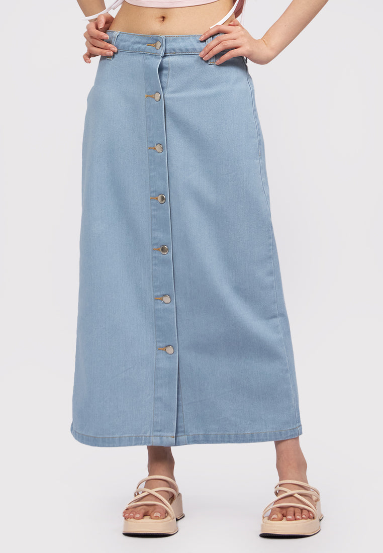 Button Up Denim Midi Skirt L.Blue