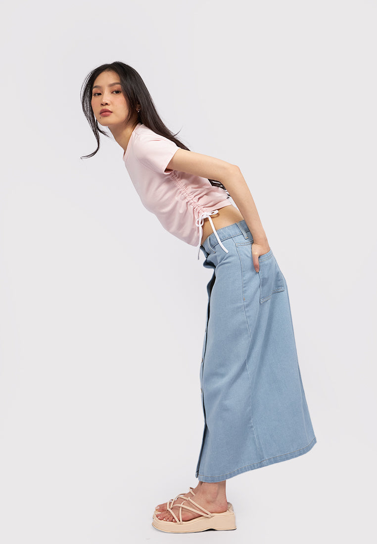 Button Up Denim Midi Skirt L.Blue