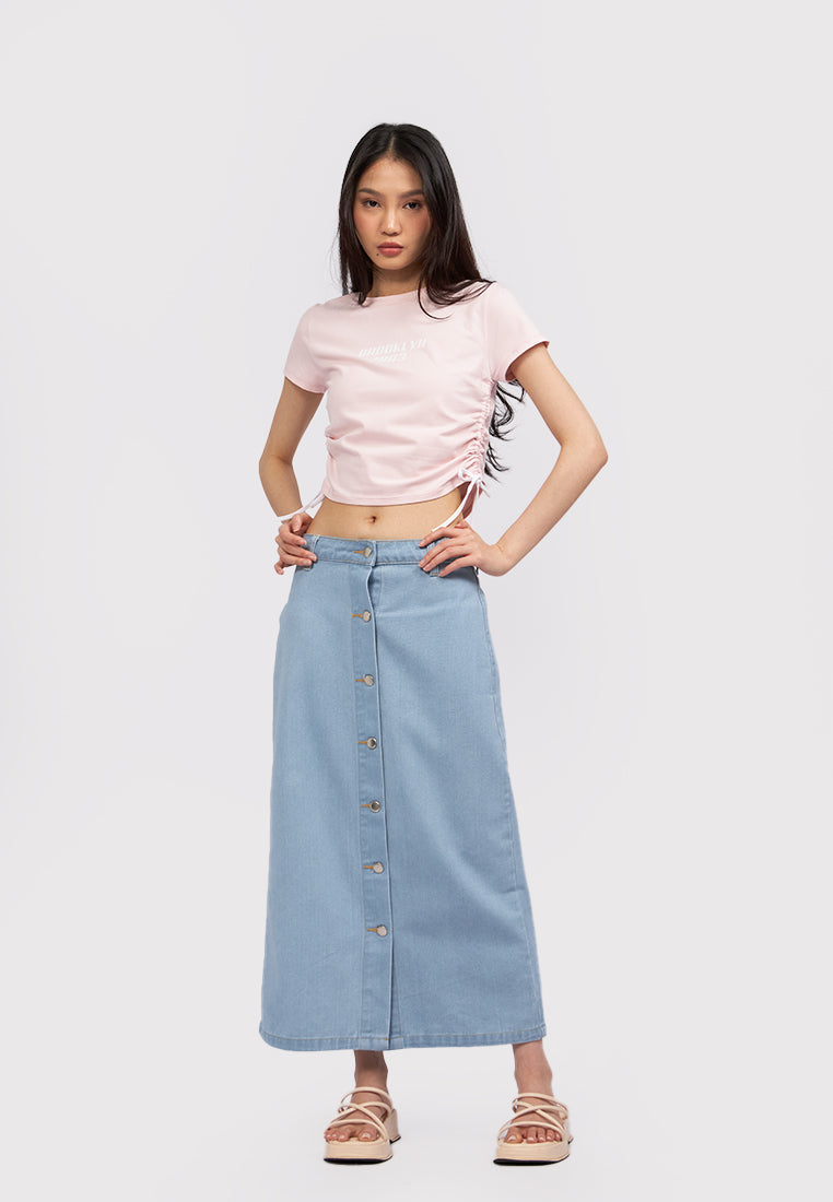 Button Up Denim Midi Skirt L.Blue