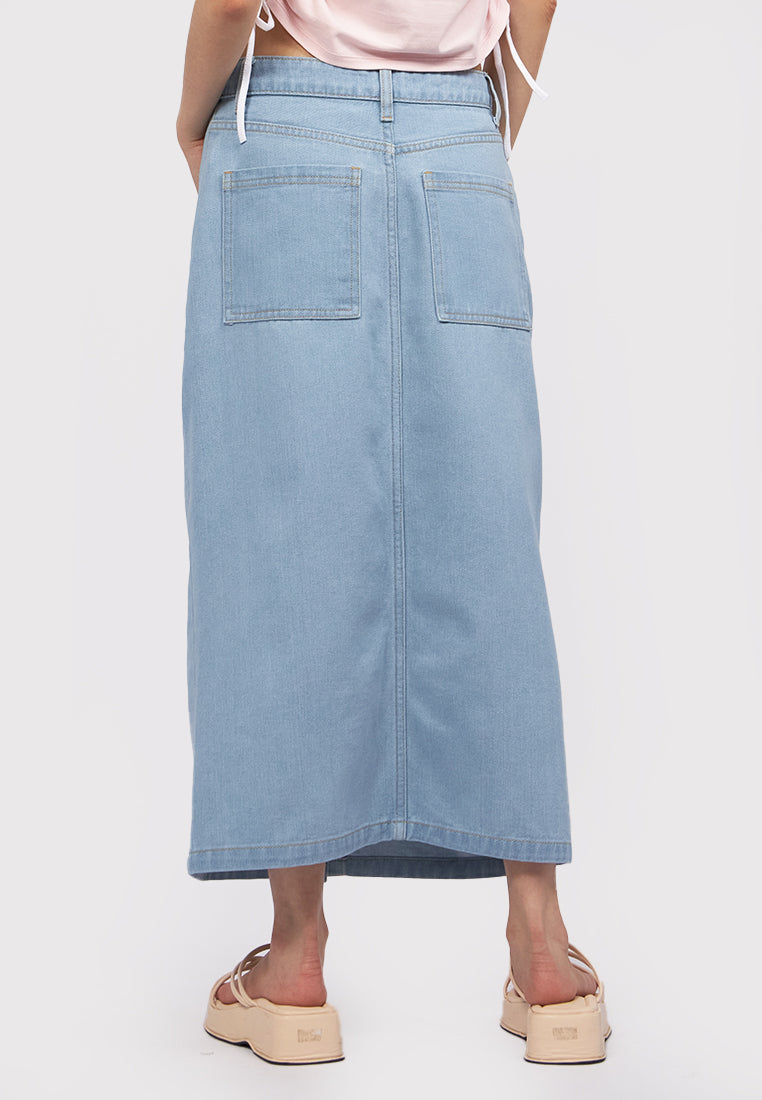 Button Up Denim Midi Skirt L.Blue