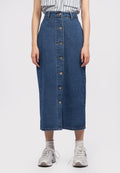 Button Up Denim Midi Skirt Dark Blue