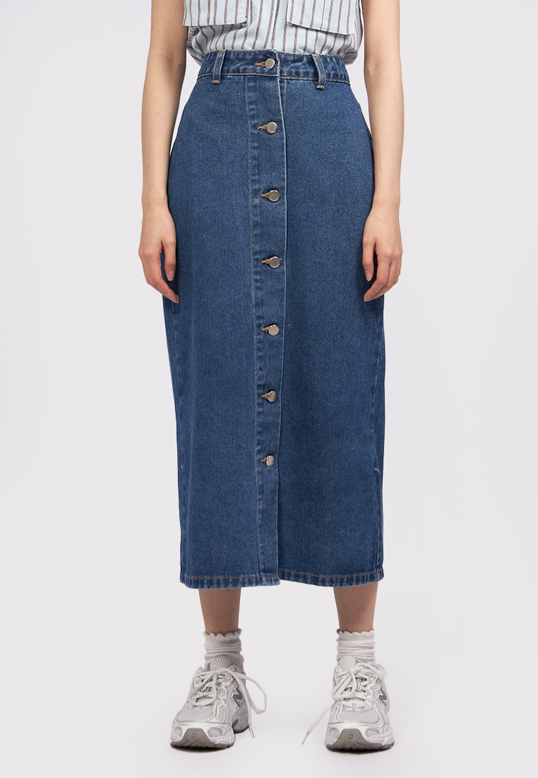 Button Up Denim Midi Skirt Dark Blue