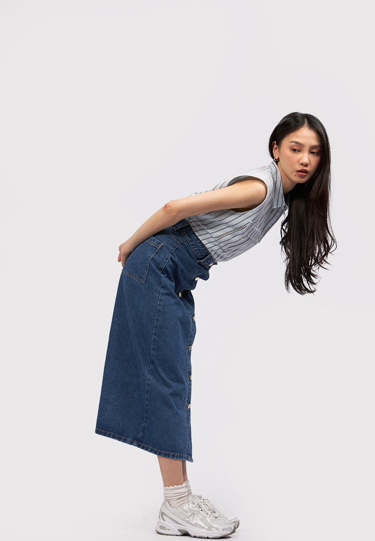Button Up Denim Midi Skirt Dark Blue