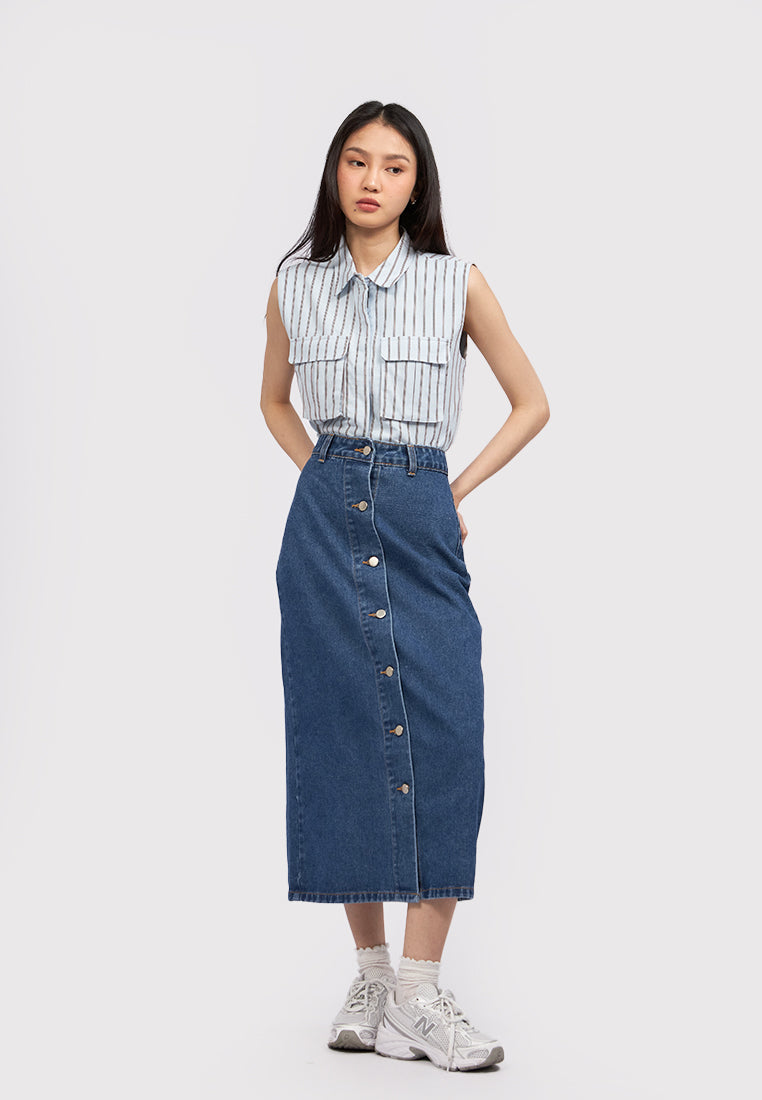 Button Up Denim Midi Skirt Dark Blue