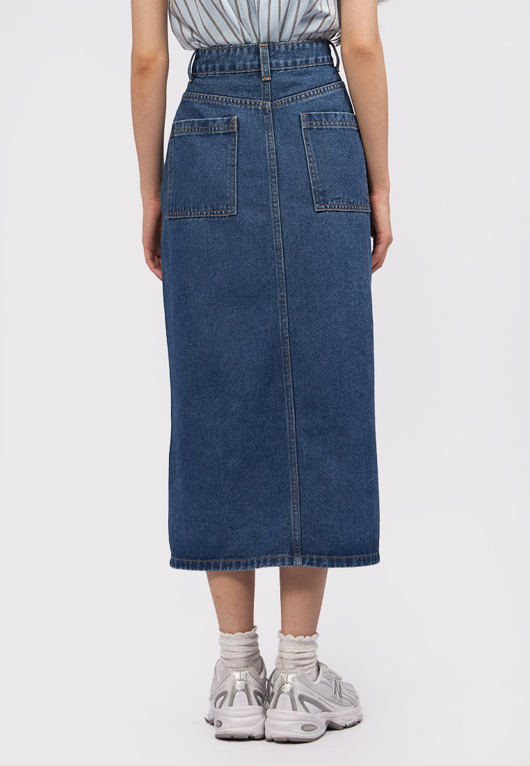 Button Up Denim Midi Skirt Dark Blue