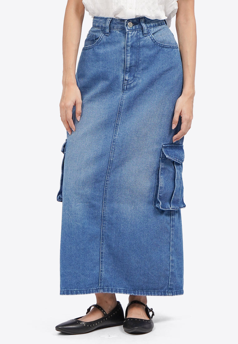 Denim Midi Skirt with Cargo Pocket