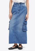 Denim Midi Skirt with Cargo Pocket