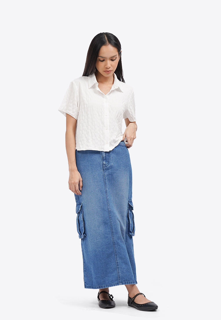 Denim Midi Skirt with Cargo Pocket