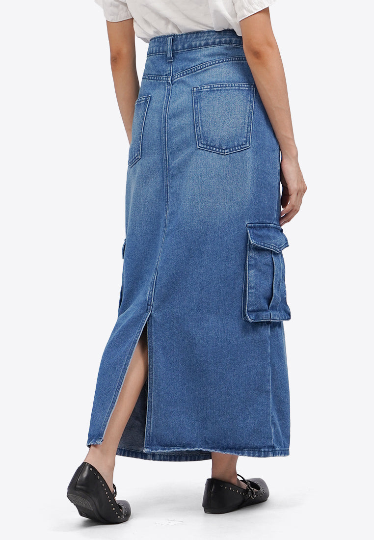 Denim Midi Skirt with Cargo Pocket