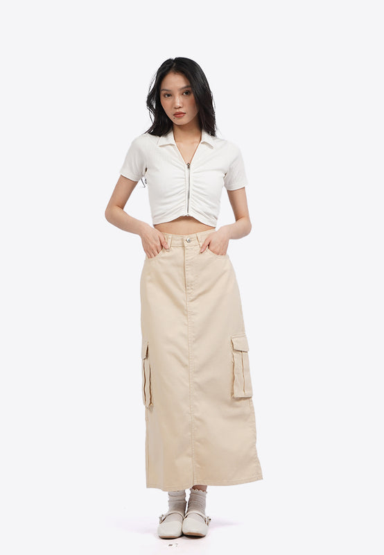 Denim Midi Skirt with Cargo Pocket