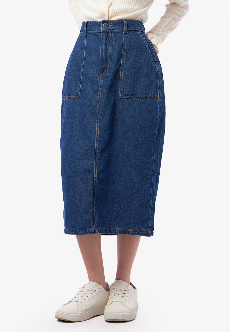 Denim Midi Skirt with Slit Details Med Blue