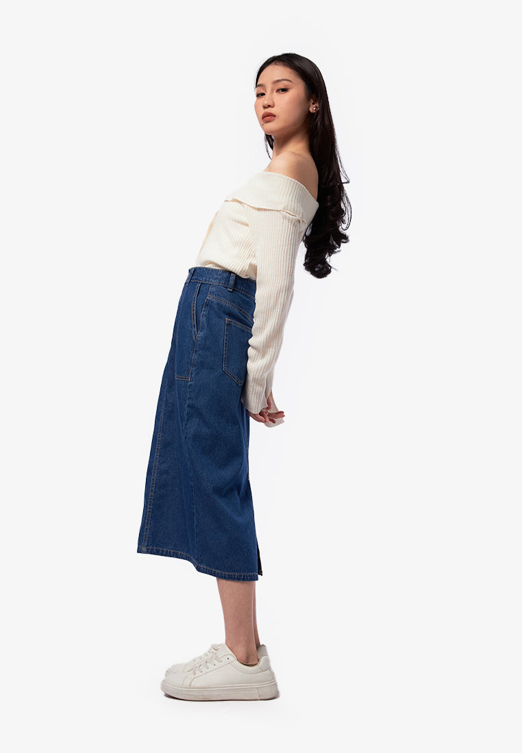 Denim Midi Skirt with Slit Details Med Blue