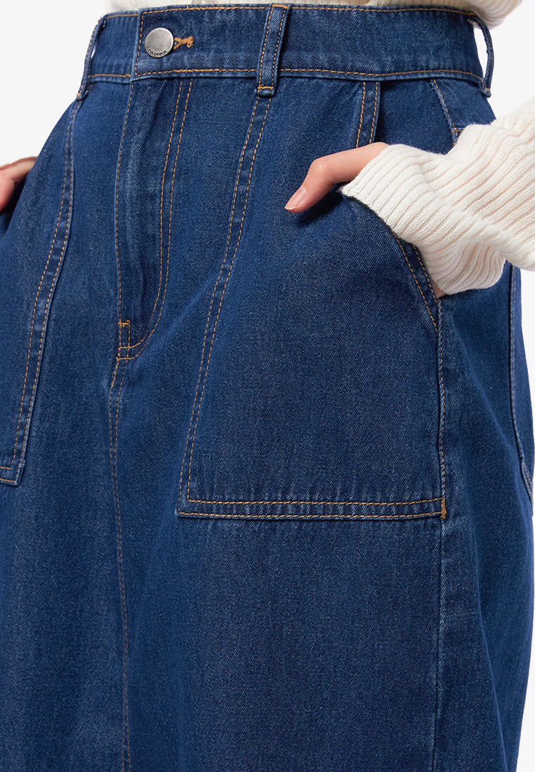Denim Midi Skirt with Slit Details Med Blue